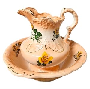1930s/50s Ironstone England Water Pitcher & Wash Bowl Roses Signed Handpainted